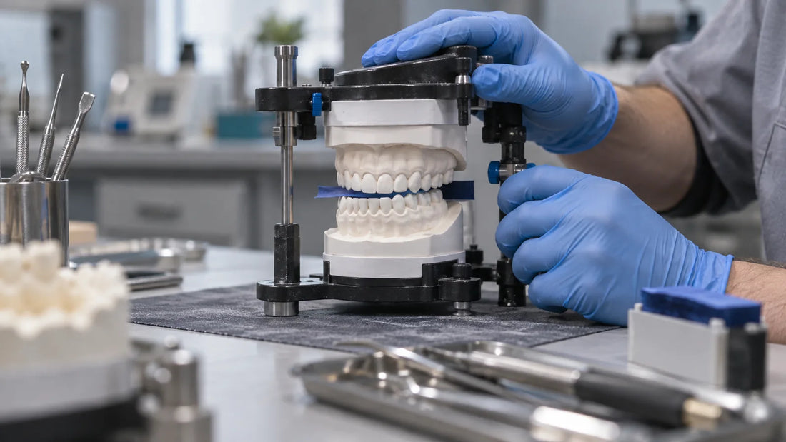 Dental lab technician checking dental cast mounting accuracy on an articulator before occlusal adjustment