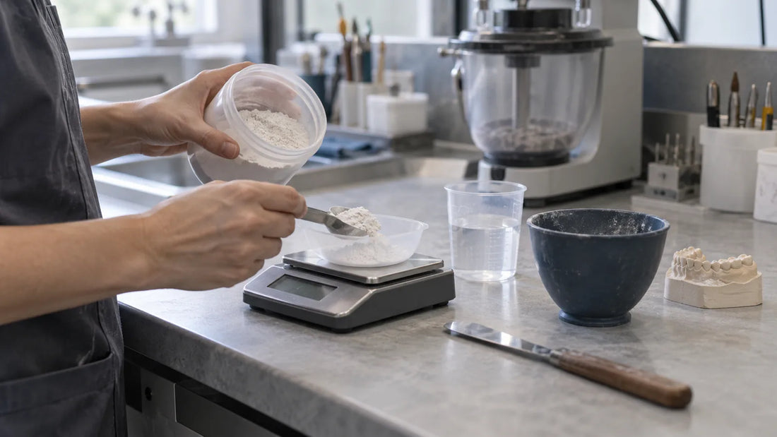 Dental technician measuring dental stone for a controlled working cast base pour
