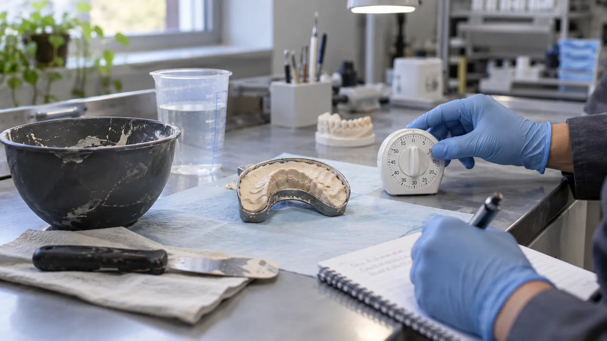 Dental lab technician timing dental stone before separating a working cast from an impression